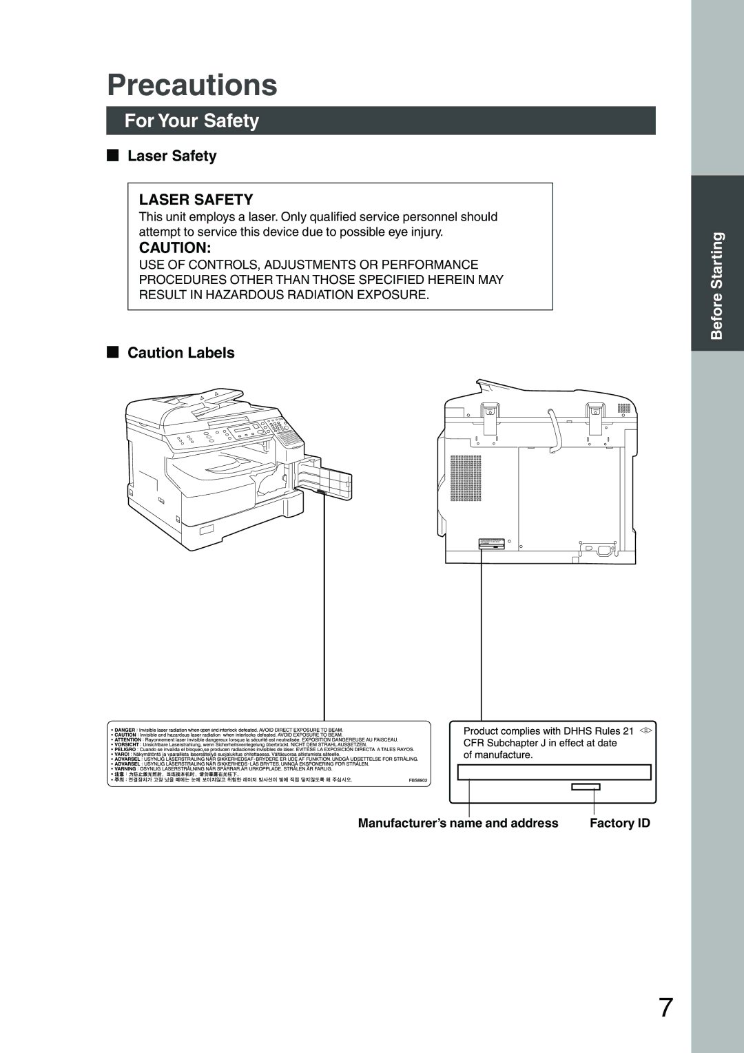 Panasonic DP-1810F manual Precautions, For Your Safety, Laser Safety, Manufacturer’s name and address Factory ID 