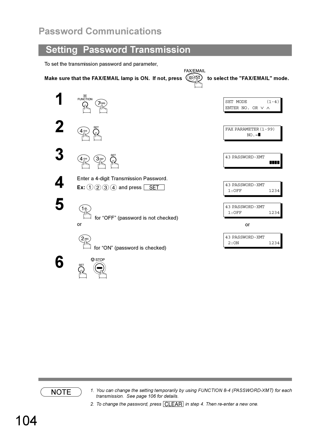 Panasonic DP-1810F manual 104, Password Communications, Setting Password Transmission, Password-Xmt 