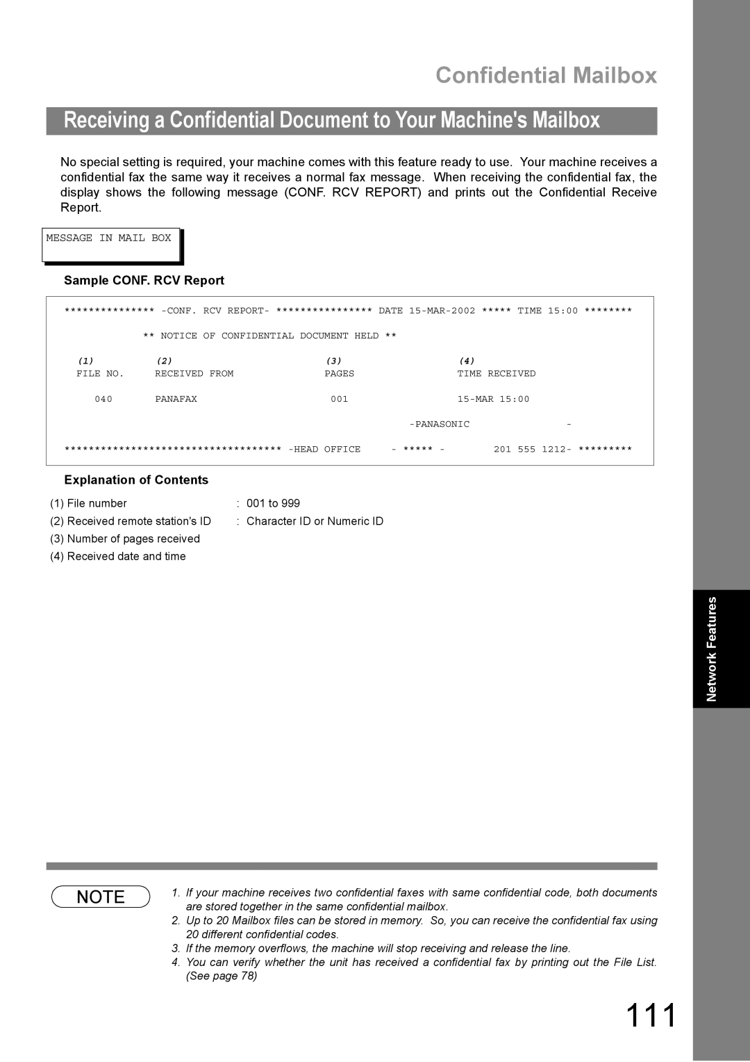 Panasonic DP-1810F manual 111, Receiving a Confidential Document to Your Machines Mailbox, Sample CONF. RCV Report 