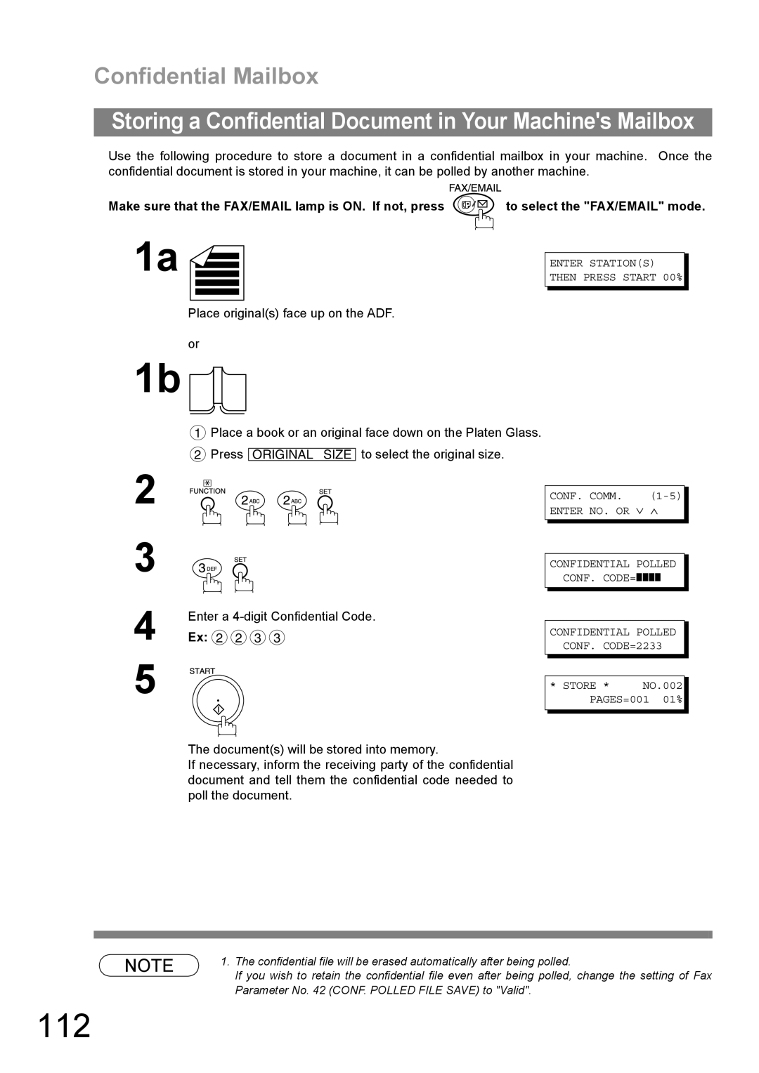 Panasonic DP-1810F manual 112, Confidential Polled CONF. CODE= CONF. CODE=2233 Store 