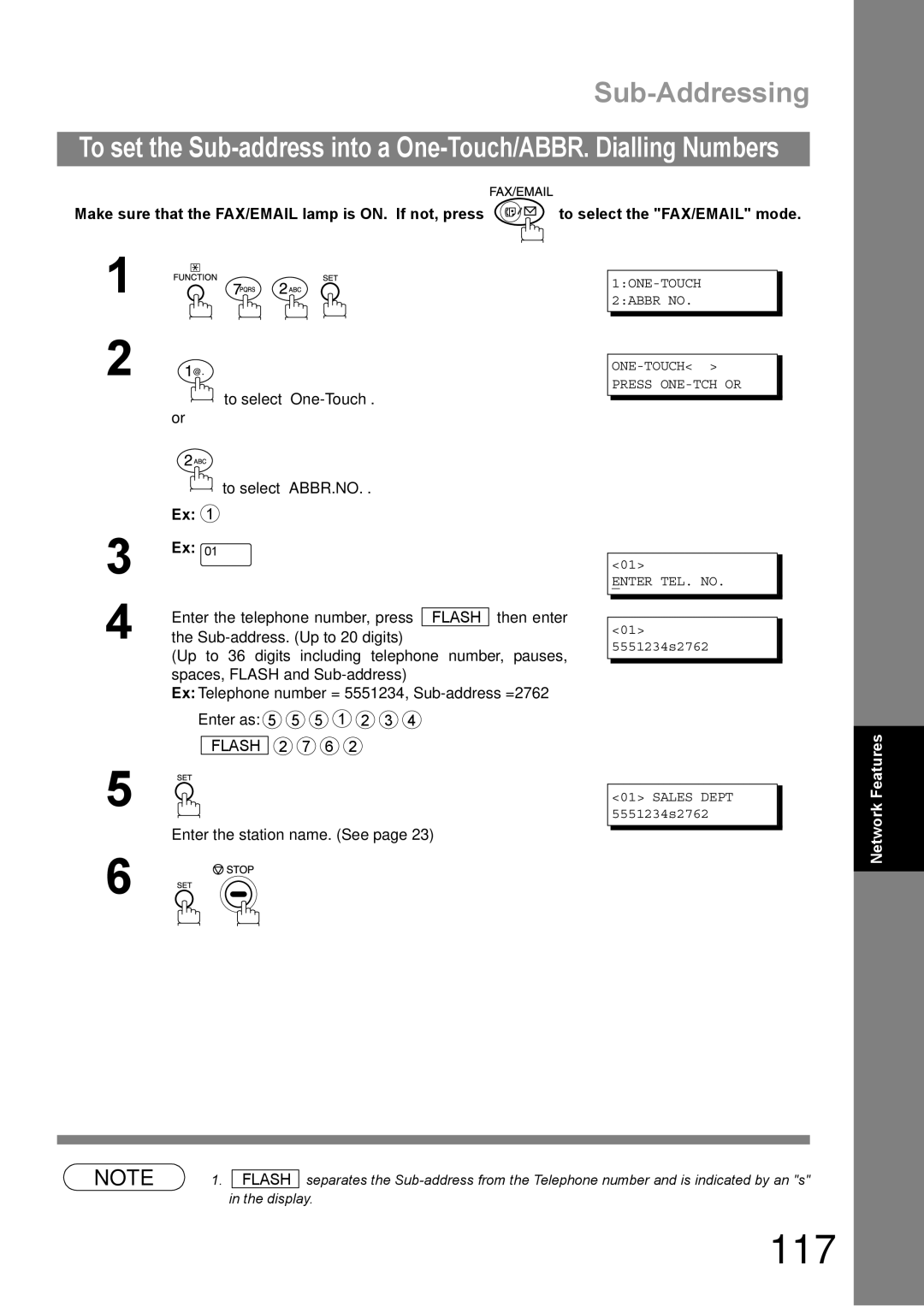 Panasonic DP-1810F manual 117, Sub-Addressing, 1ONE-TOUCH 2ABBR no Press ONE-TCH or ∨∧ Enter TEL. no 