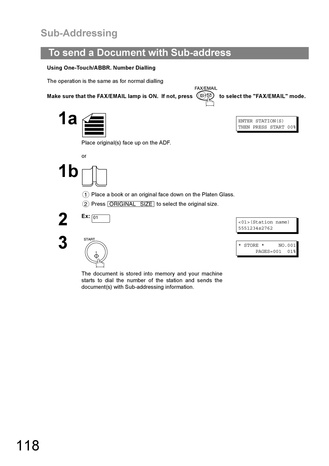 Panasonic DP-1810F manual 118, To send a Document with Sub-address, Using One-Touch/ABBR. Number Dialling 