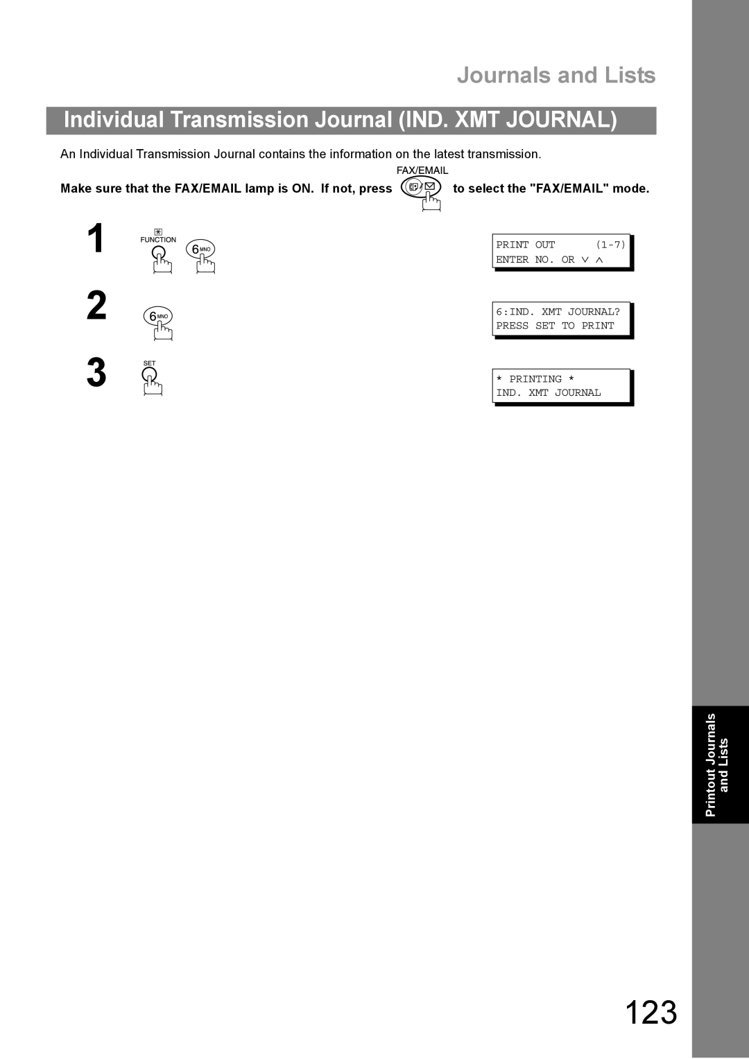 Panasonic DP-1810F manual 123, Individual Transmission Journal IND. XMT Journal 