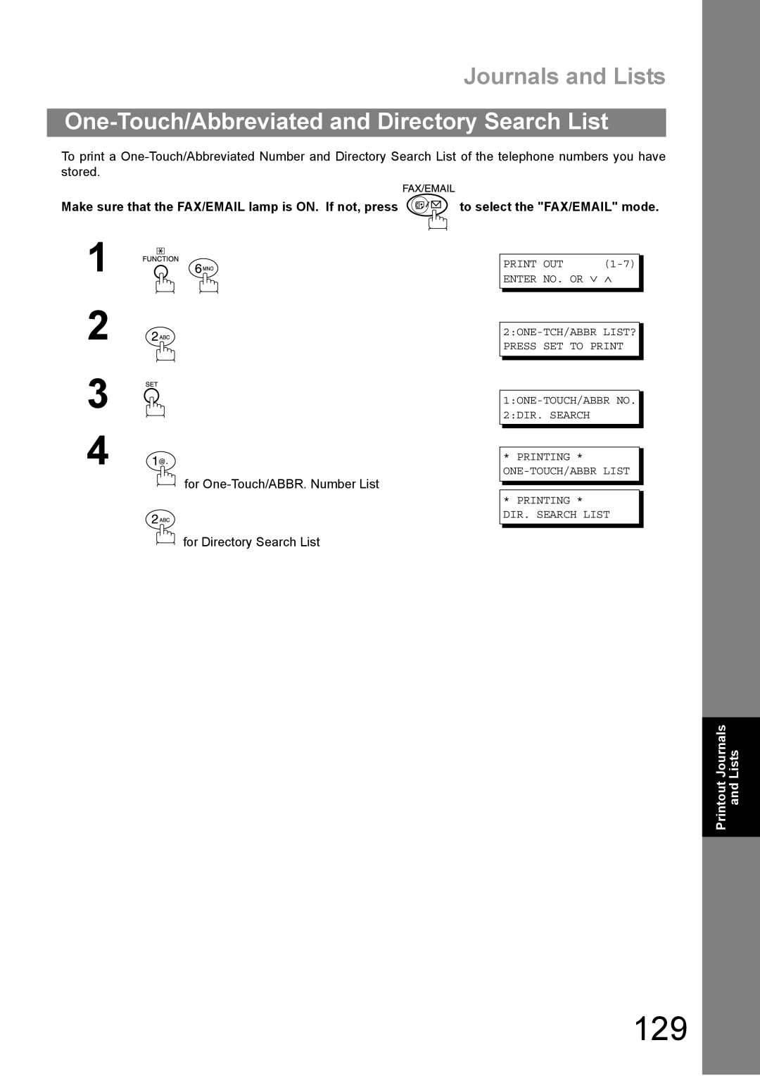 Panasonic DP-1810F manual 129, One-Touch/Abbreviated and Directory Search List 