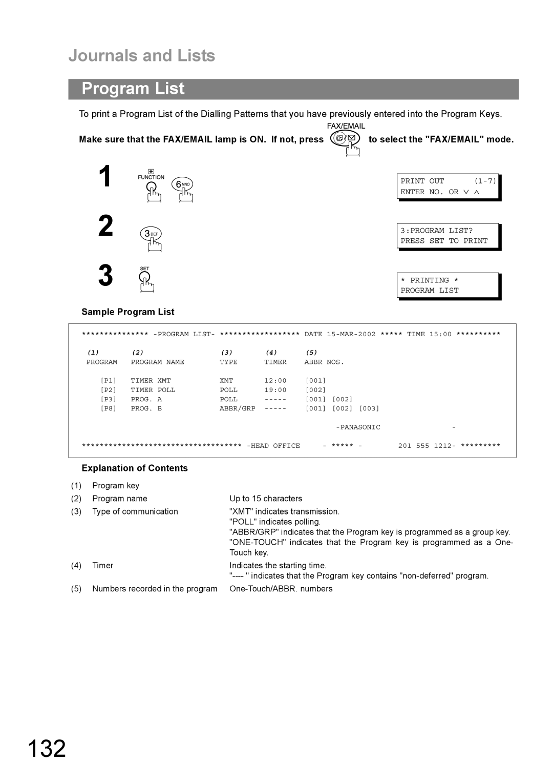 Panasonic DP-1810F manual 132, 3PROGRAM LIST? Press SET to Print Printing Program List 