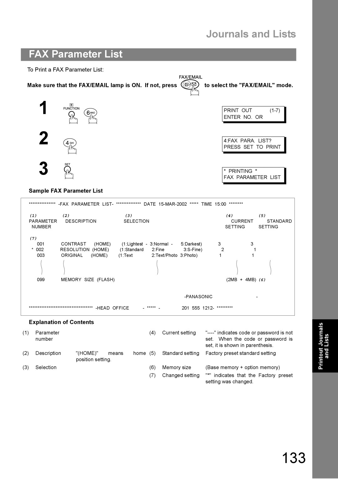 Panasonic DP-1810F manual 133, FAX Parameter List 