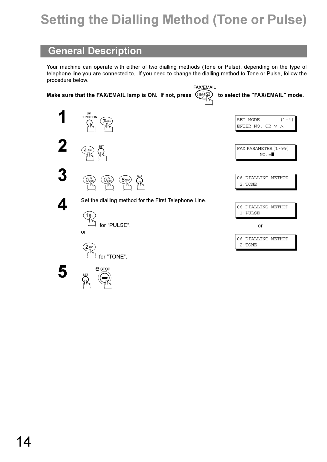 Panasonic DP-1810F manual Setting the Dialling Method Tone or Pulse, General Description 