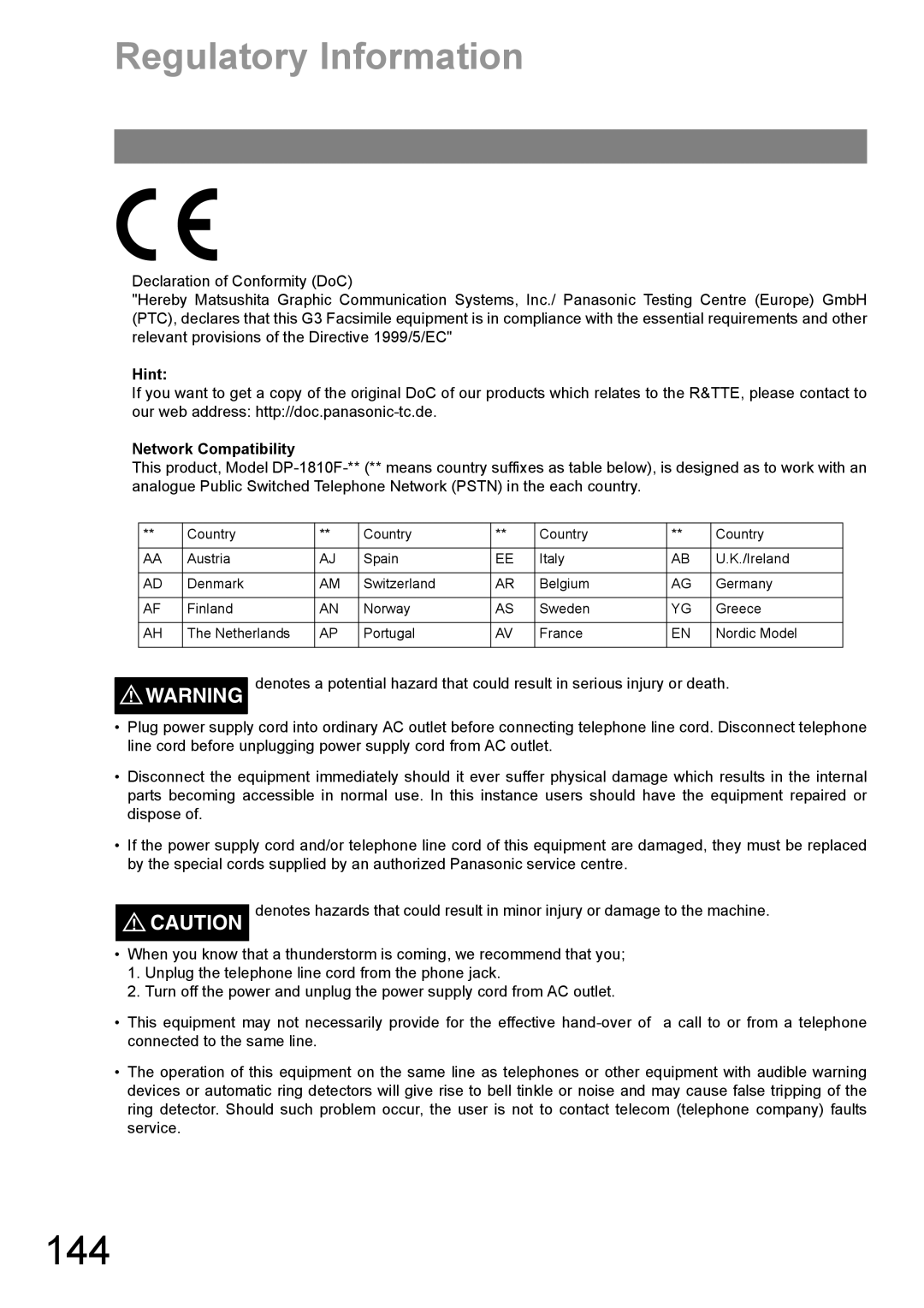 Panasonic DP-1810F manual 144, Regulatory Information, Hint, Network Compatibility 