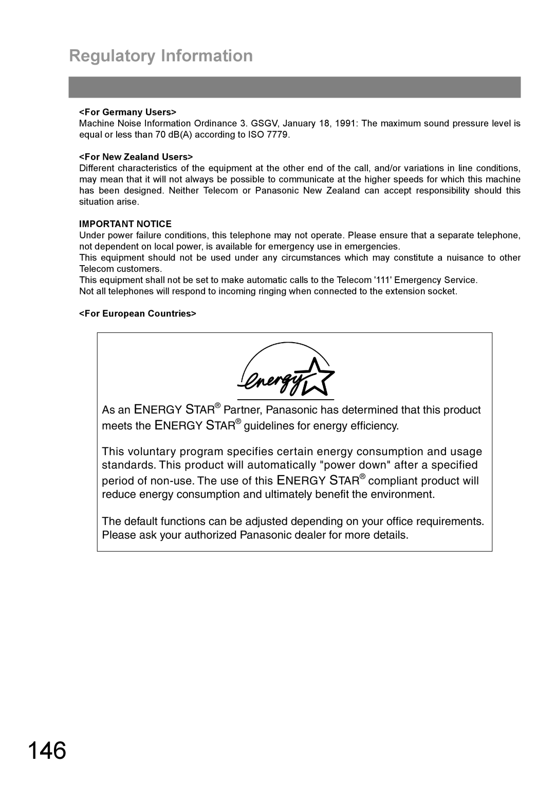 Panasonic DP-1810F manual 146, For Germany Users, For New Zealand Users, For European Countries 