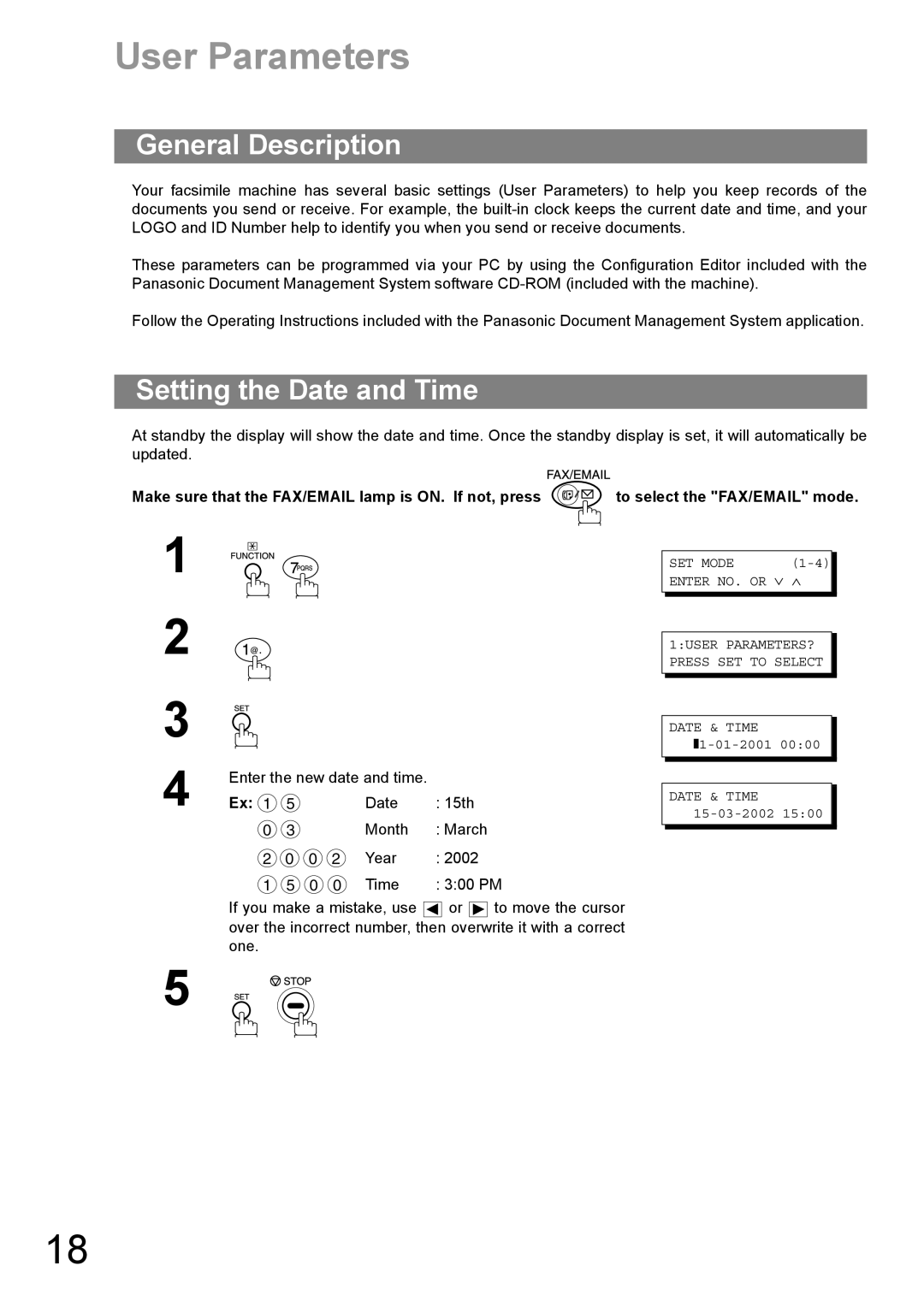 Panasonic DP-1810F manual User Parameters, Setting the Date and Time 