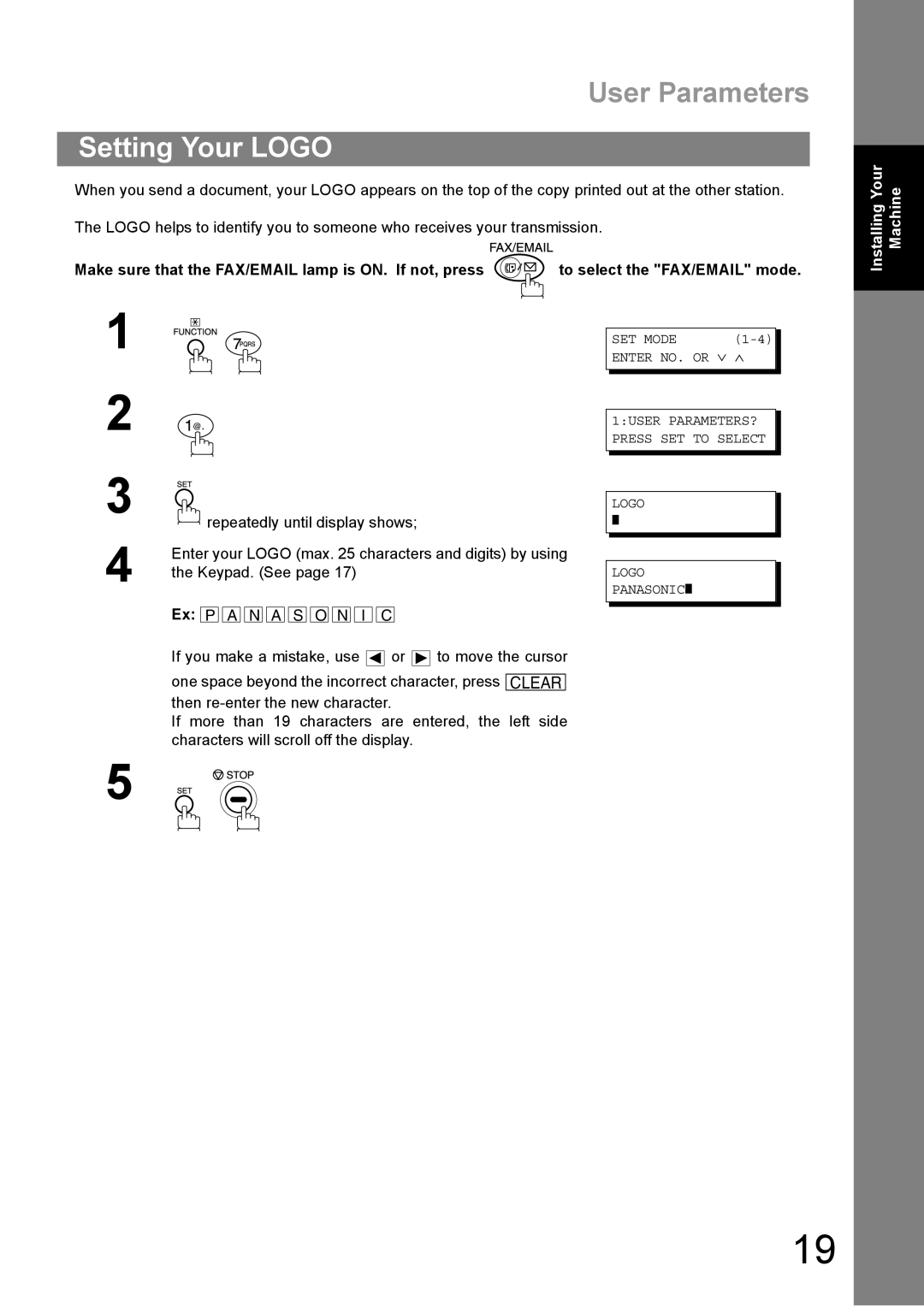 Panasonic DP-1810F manual User Parameters, Setting Your Logo 