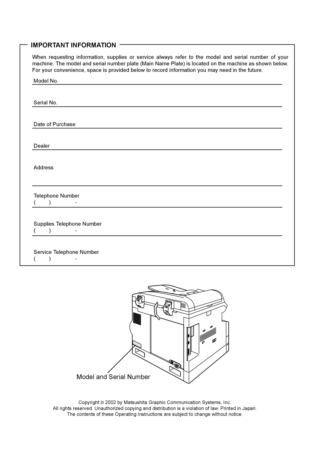 Panasonic DP-1810F manual Important Information 