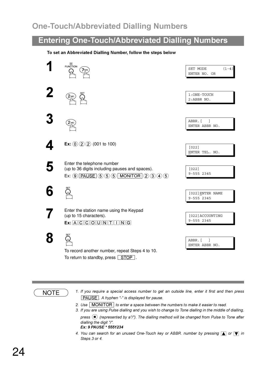 Panasonic DP-1810F One-Touch/Abbreviated Dialling Numbers, SET Mode Enter NO. or ∨ ∧ 1ONE-TOUCH 2ABBR no, Enter Abbr no 