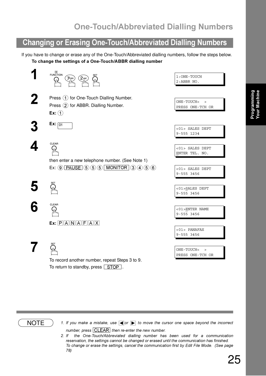 Panasonic DP-1810F Changing or Erasing One-Touch/Abbreviated Dialling Numbers, 1ONE-TOUCH 2ABBR no Press ONE-TCH or ∨∧ 