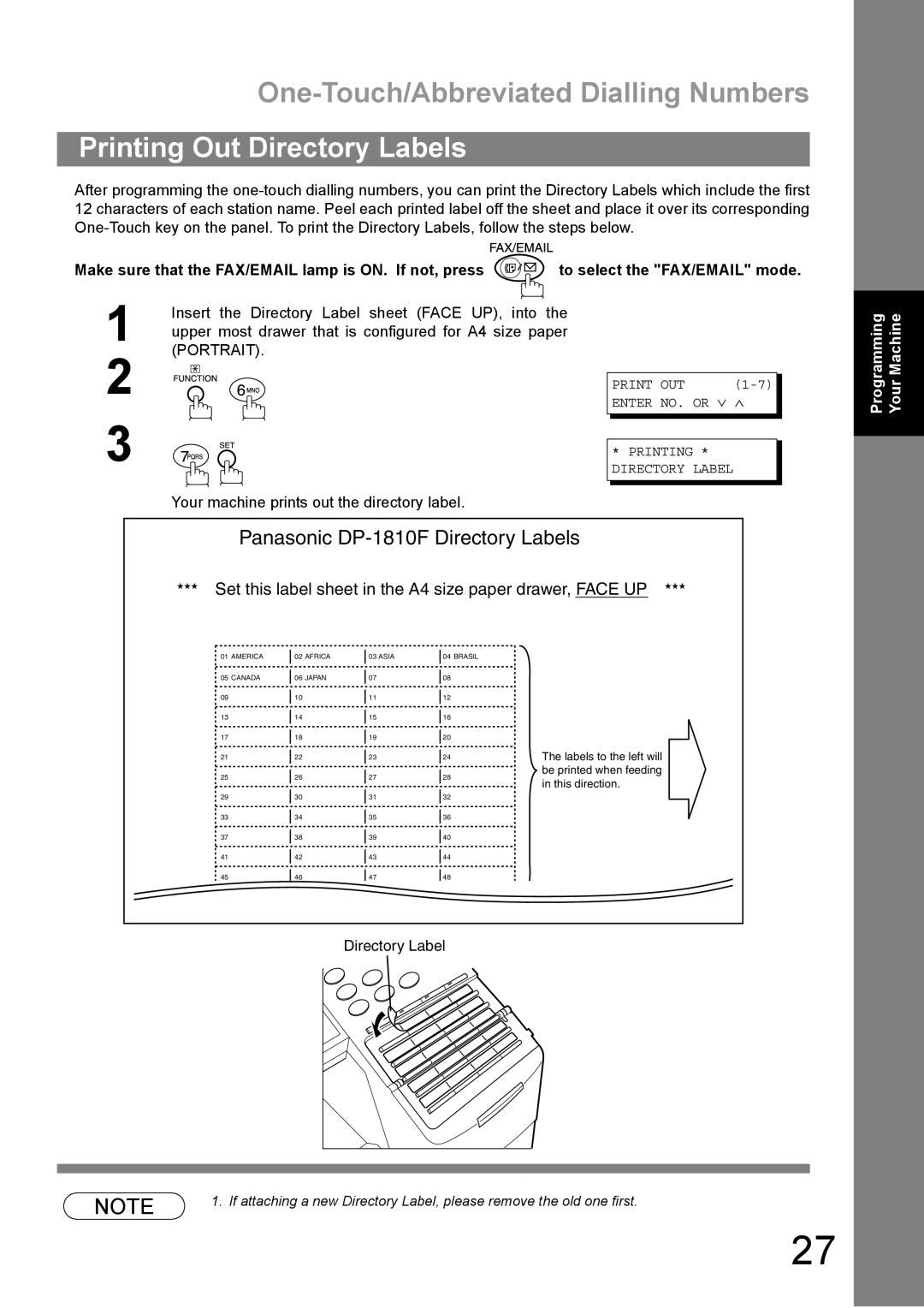 Panasonic DP-1810F manual Printing Out Directory Labels, Print OUT Enter, Printing Directory Label 