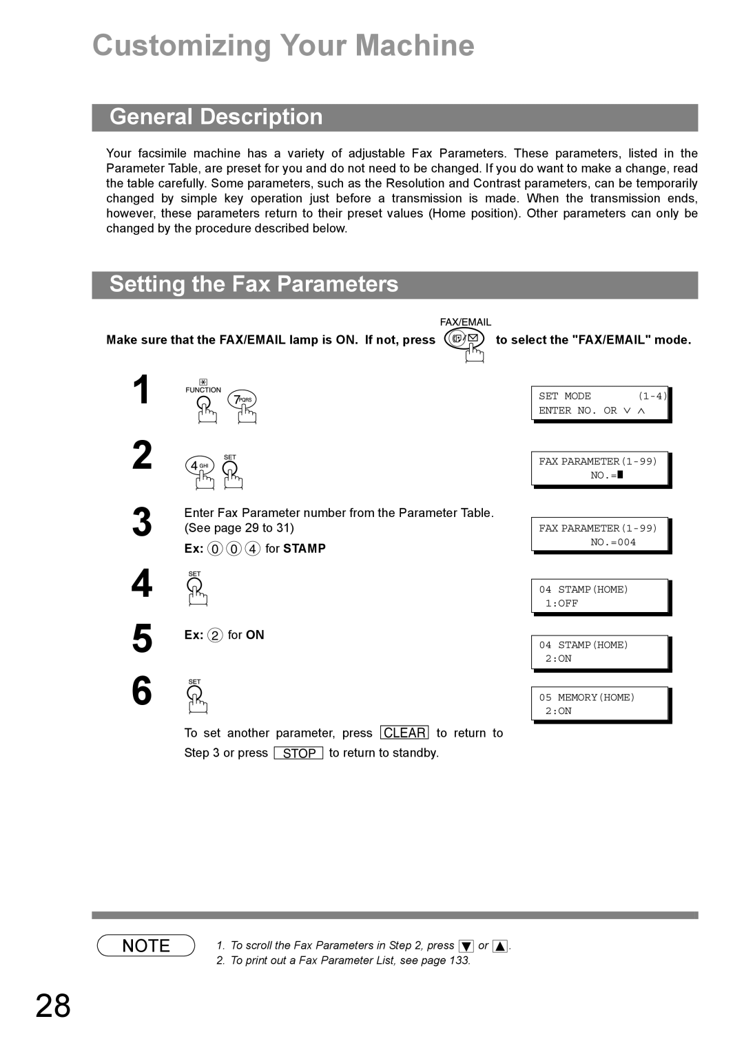 Panasonic DP-1810F manual Customizing Your Machine, Setting the Fax Parameters, Ex 0 0 4 for Stamp Ex 2 for on, Memoryhome 