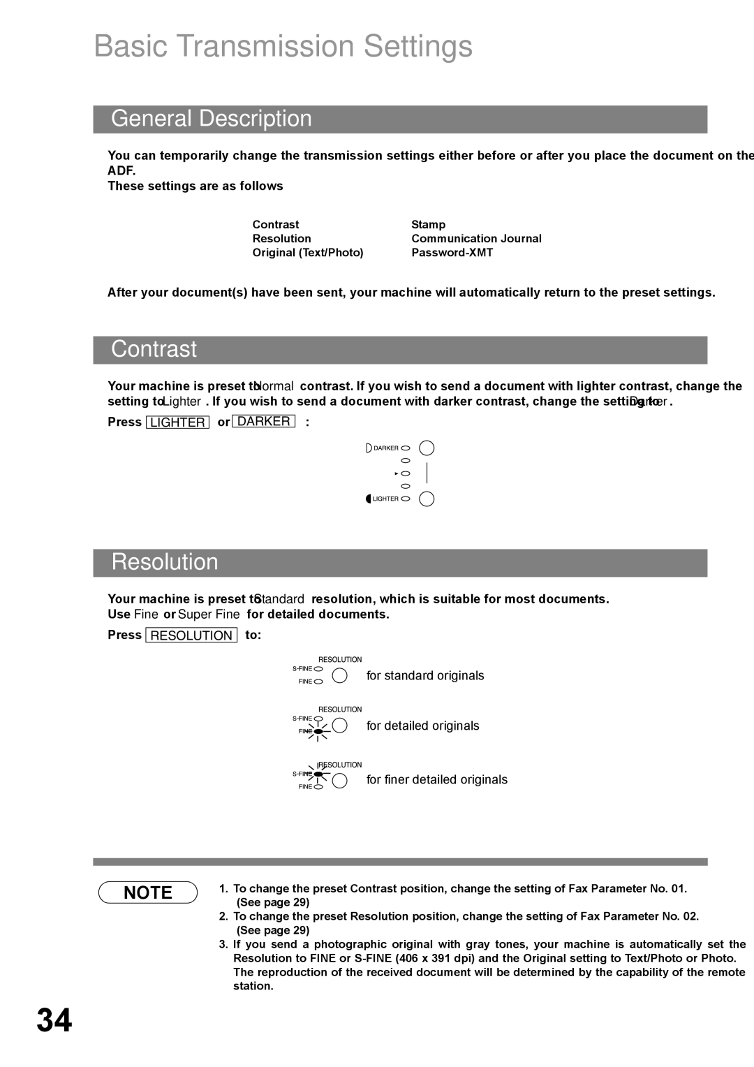 Panasonic DP-1810F manual Basic Transmission Settings, Contrast, Resolution 