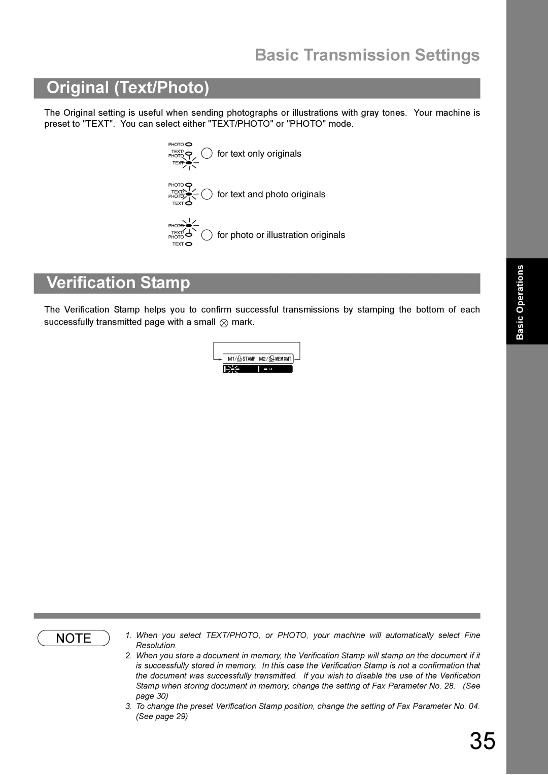 Panasonic DP-1810F manual Basic Transmission Settings, Original Text/Photo, Verification Stamp 