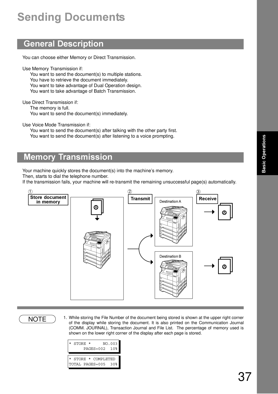 Panasonic DP-1810F manual Sending Documents, Memory Transmission, Store * Completed Total PAGES=005 30% 