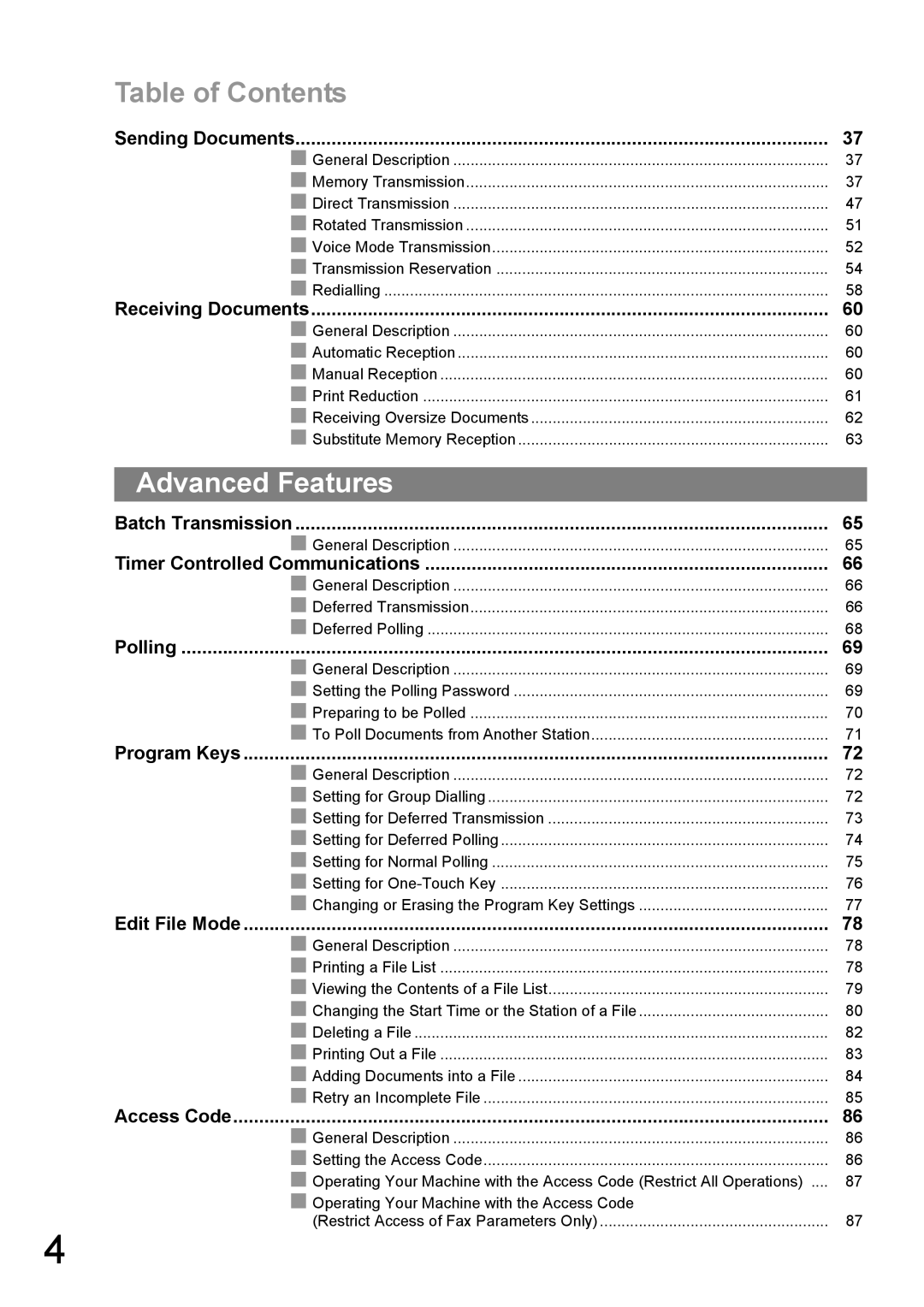 Panasonic DP-1810F manual Advanced Features, Table of Contents 