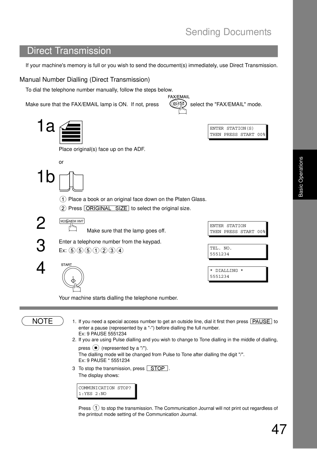 Panasonic DP-1810F manual Manual Number Dialling Direct Transmission, Enter Station Then Press Start 00% 