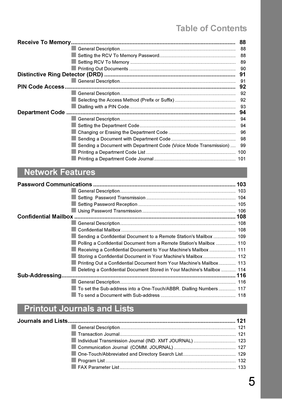 Panasonic DP-1810F manual Table of Contents, Network Features, Printout Journals and Lists 