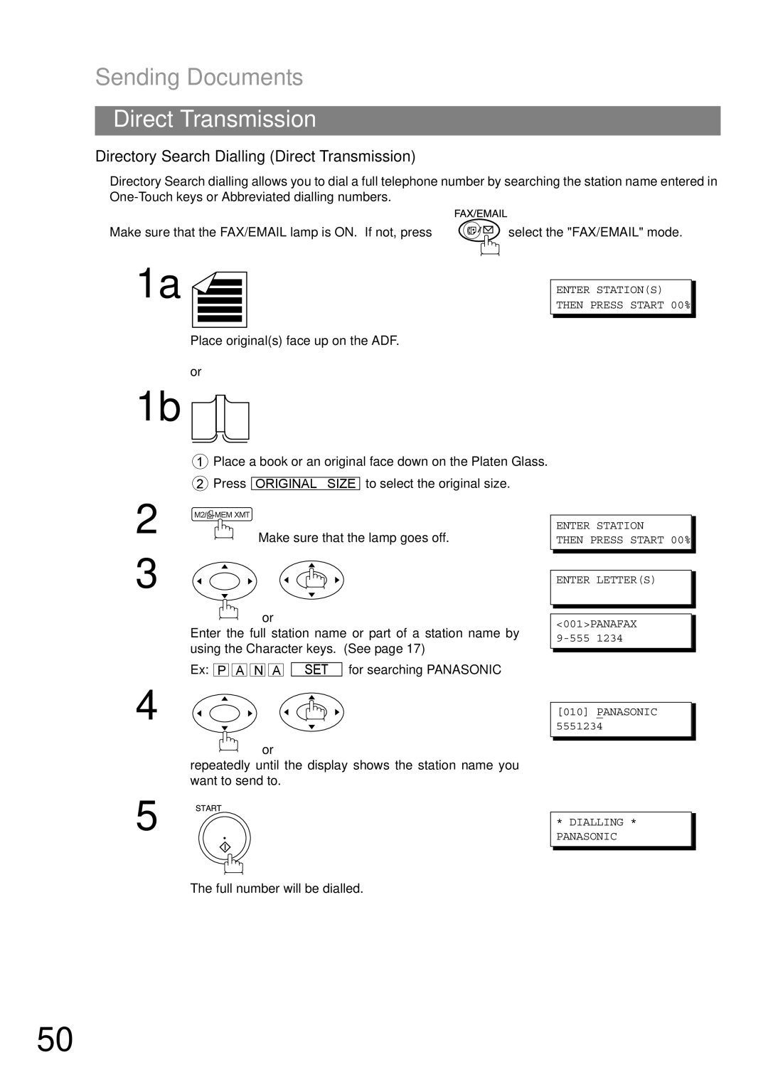 Panasonic DP-1810F manual Directory Search Dialling Direct Transmission, Enter Station Then Press Start 00% Enter Letters 