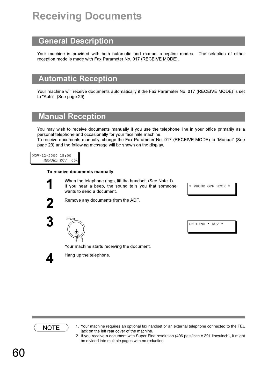 Panasonic DP-1810F Receiving Documents, Automatic Reception, Manual Reception, To receive documents manually 