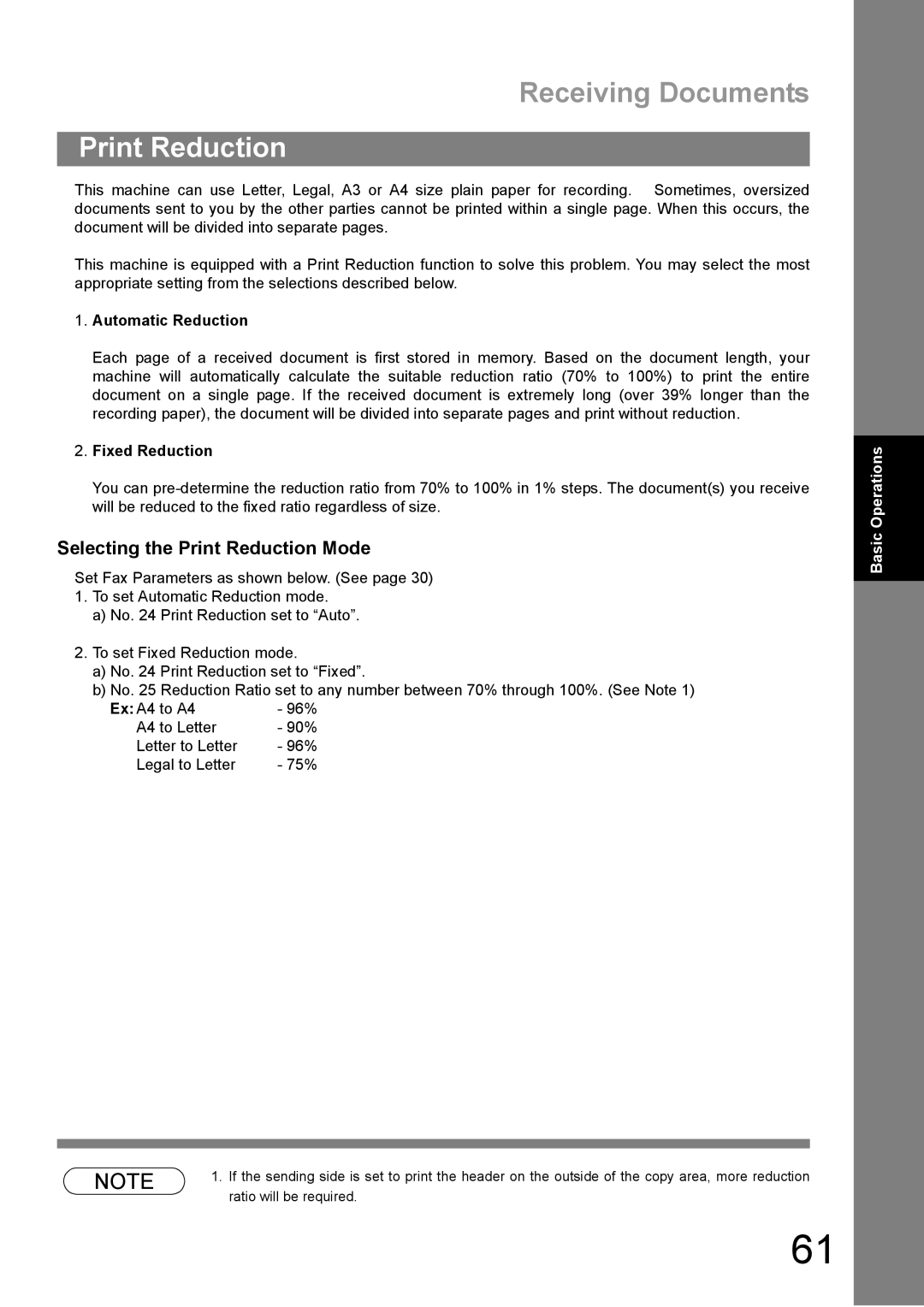 Panasonic DP-1810F manual Receiving Documents, Selecting the Print Reduction Mode, Automatic Reduction, Fixed Reduction 