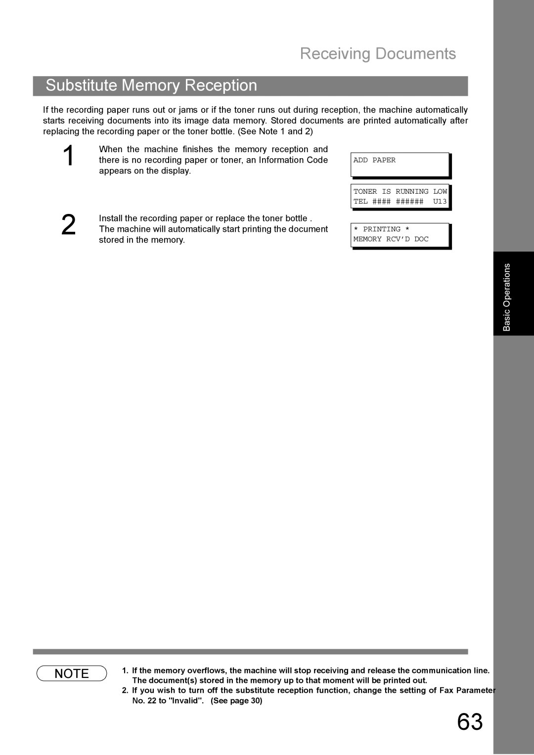 Panasonic DP-1810F manual Substitute Memory Reception, ADD Paper Toner is Running LOW TEL #### ###### U13 