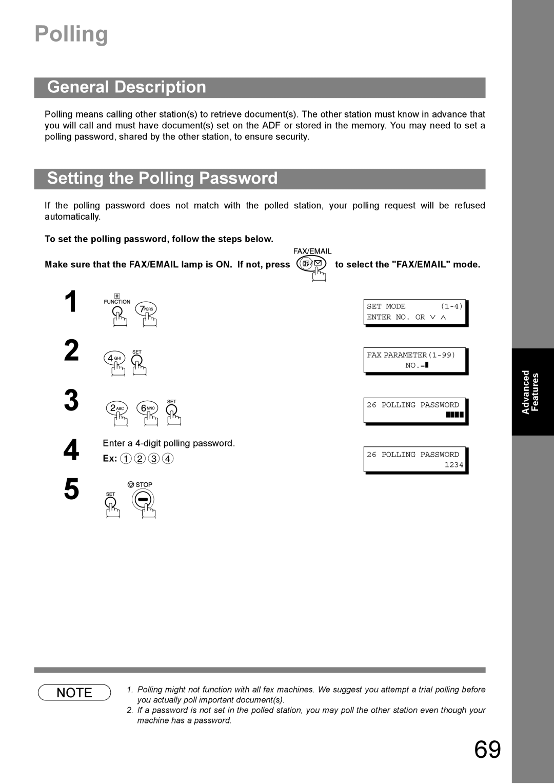 Panasonic DP-1810F manual Setting the Polling Password, SET Mode Enter NO. or ∨ ∧ 