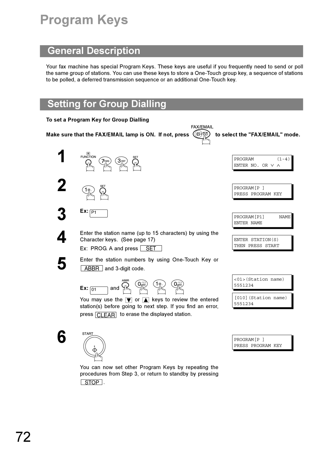 Panasonic DP-1810F manual Program Keys, Setting for Group Dialling, Programp Press Program KEY 