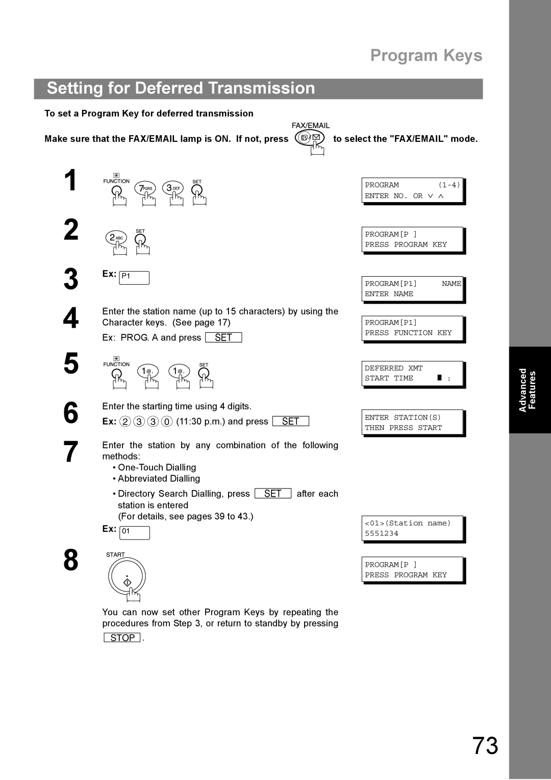 Panasonic DP-1810F manual Program Keys, Setting for Deferred Transmission 