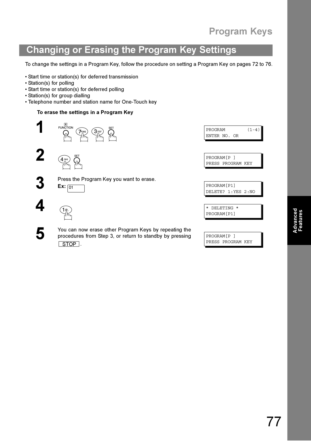 Panasonic DP-1810F manual Changing or Erasing the Program Key Settings, To erase the settings in a Program Key 