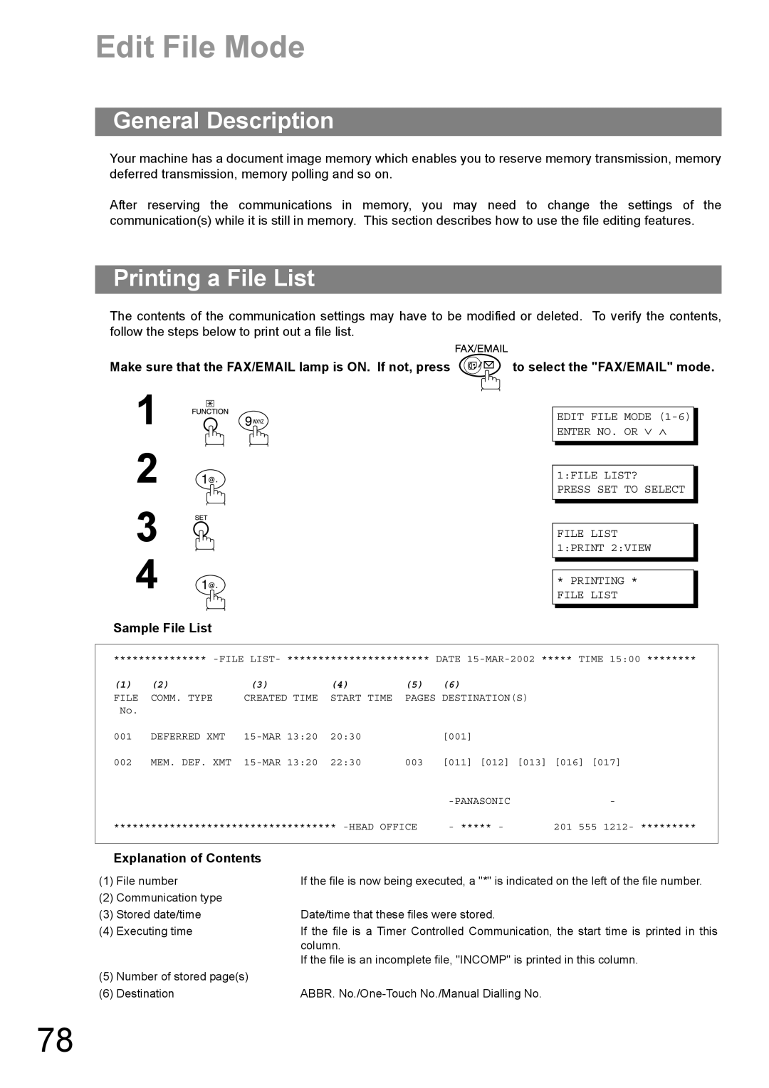 Panasonic DP-1810F manual Edit File Mode, Printing a File List, Explanation of Contents 