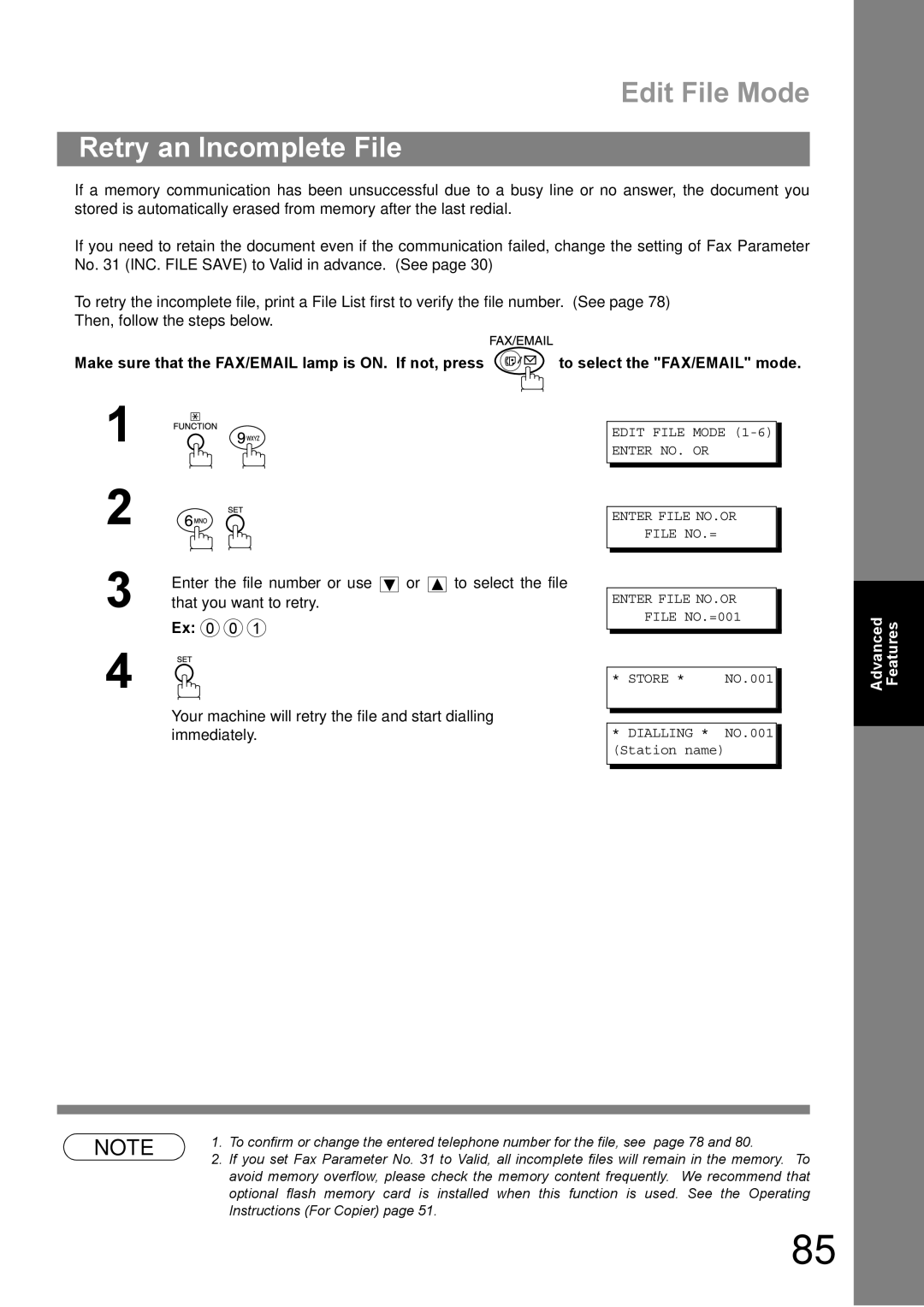 Panasonic DP-1810F manual Retry an Incomplete File, Edit File Mode 1-6 Enter NO. or ∨ ∧ Enter File NO.OR ∨ ∧ 