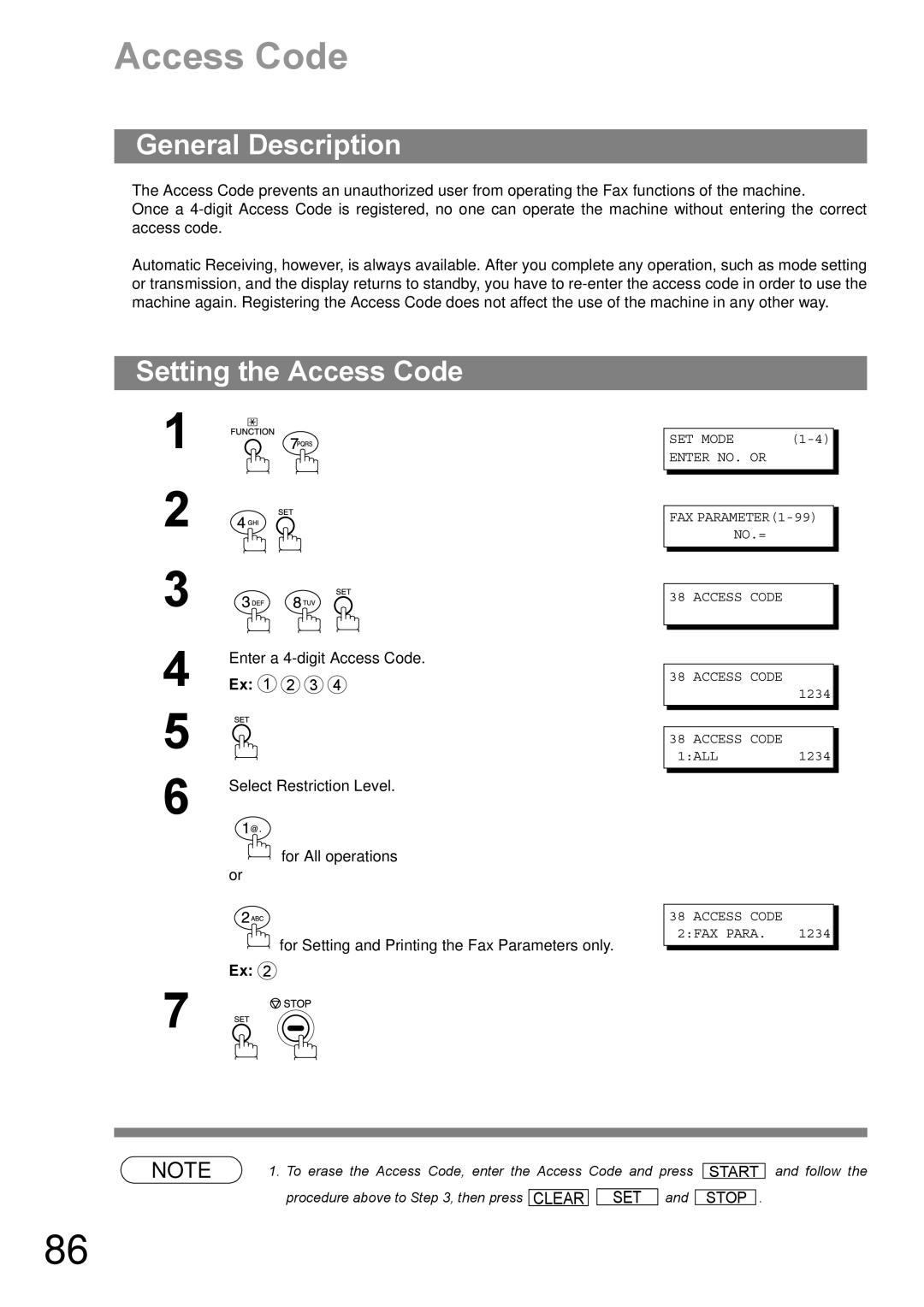 Panasonic DP-1810F manual Setting the Access Code, Access Code 2FAX Para 