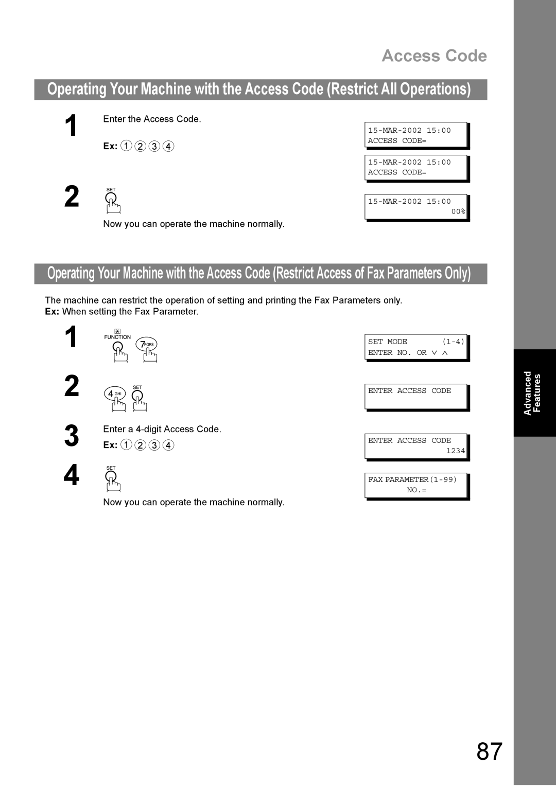 Panasonic DP-1810F manual Access CODE=, SET Mode Enter NO. or ∨ ∧ Enter Access Code 