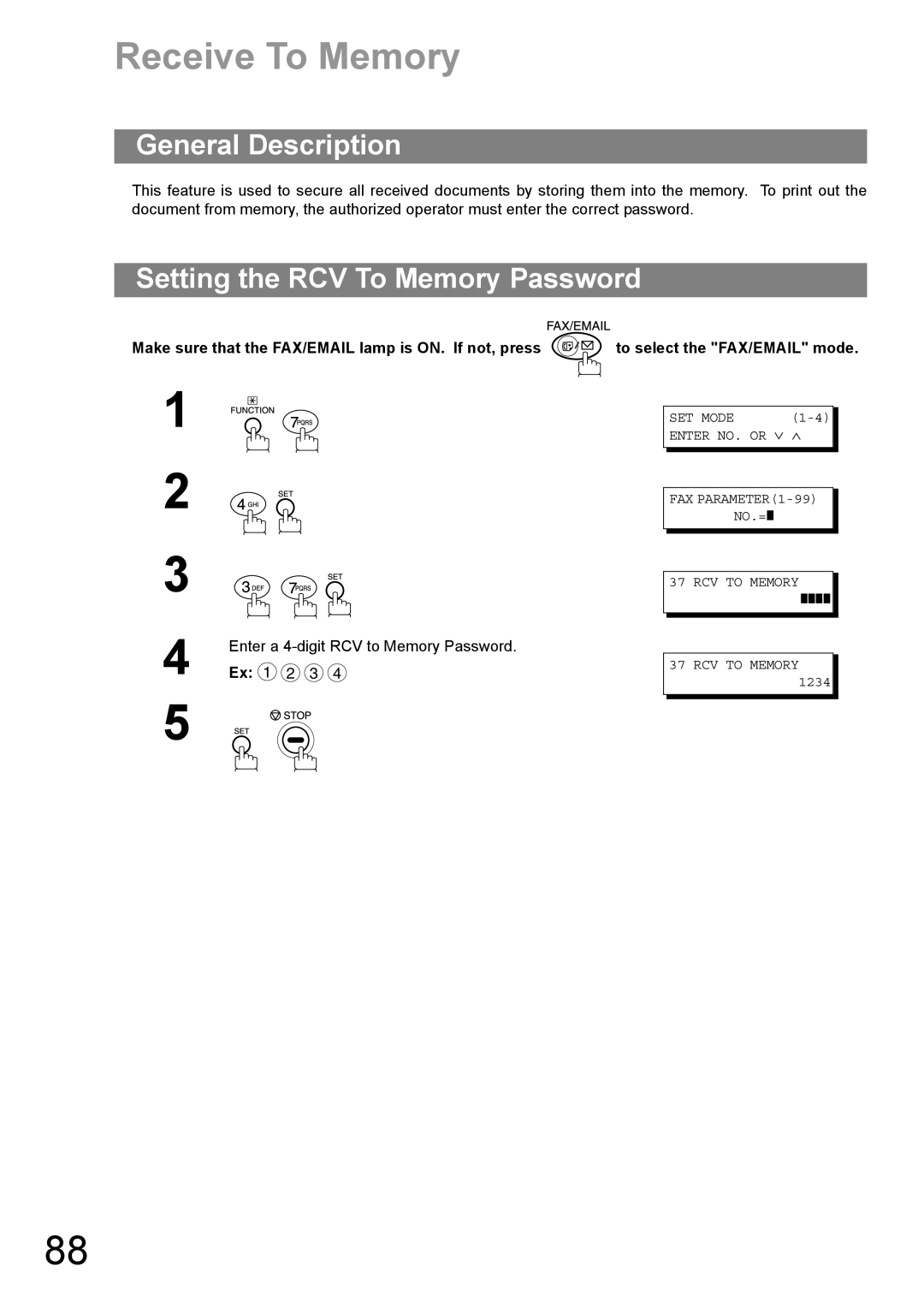 Panasonic DP-1810F manual Receive To Memory, Setting the RCV To Memory Password 