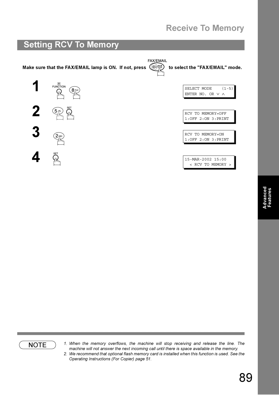 Panasonic DP-1810F manual Setting RCV To Memory, Receive To Memory 