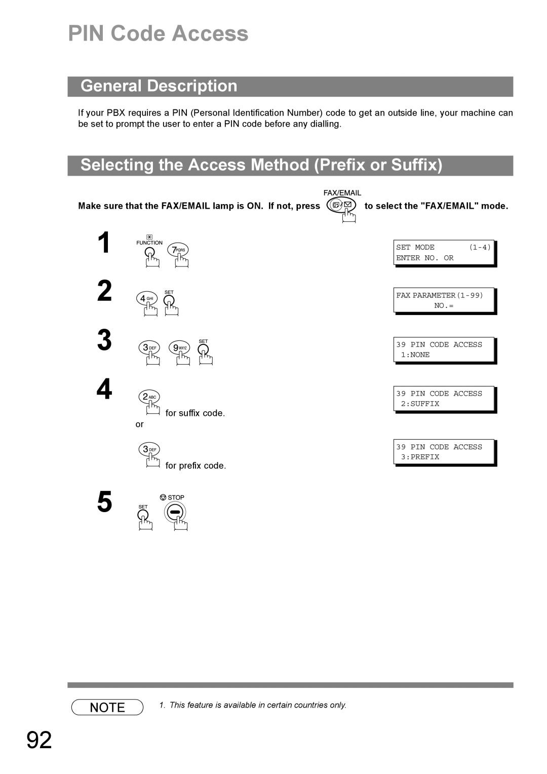 Panasonic DP-1810F manual PIN Code Access, Selecting the Access Method Prefix or Suffix 