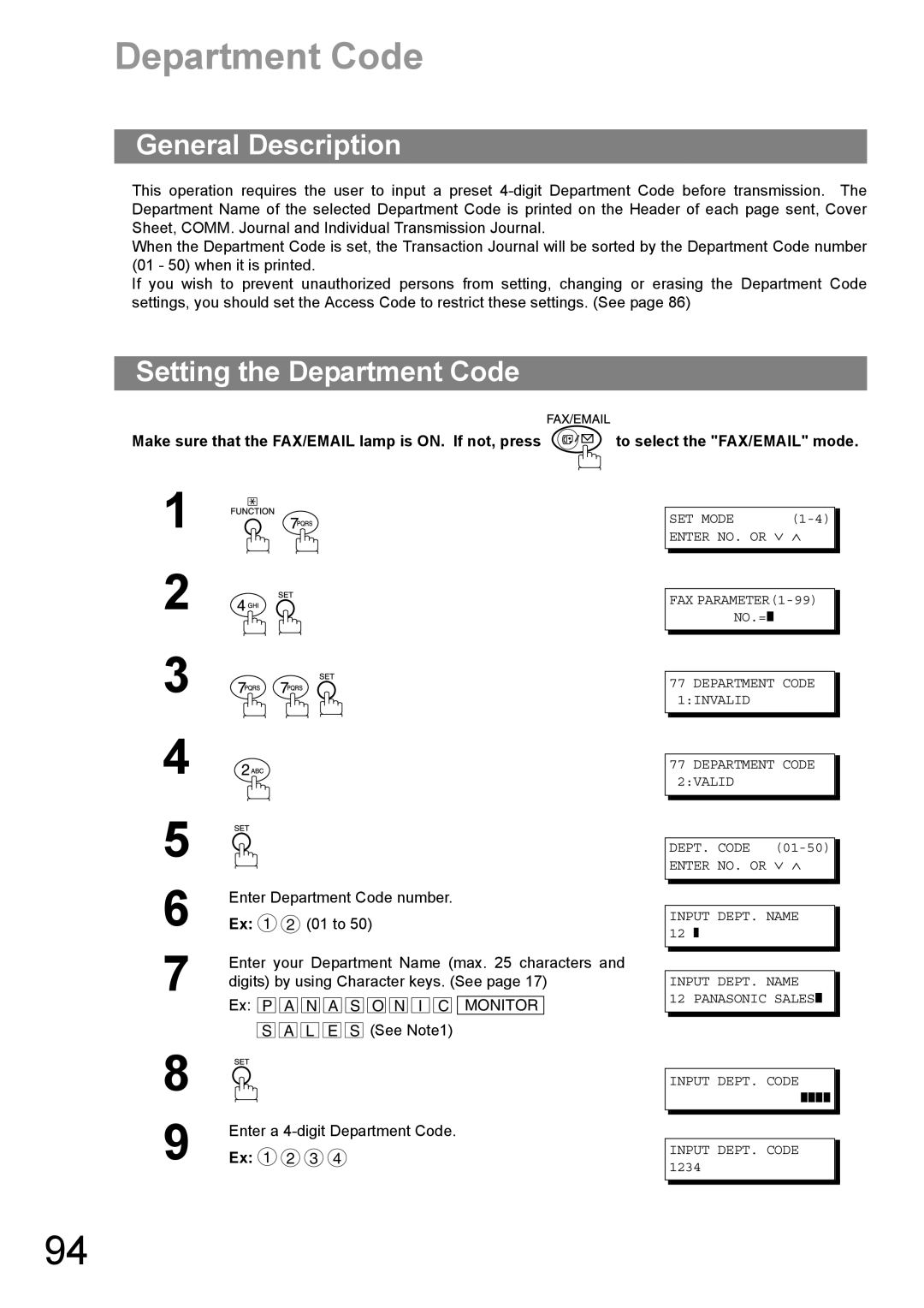 Panasonic DP-1810F manual Setting the Department Code 