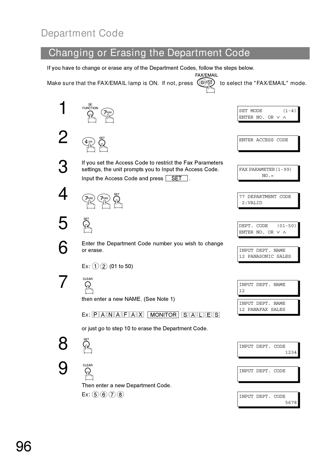 Panasonic DP-1810F manual Changing or Erasing the Department Code, Input DEPT. Name 12 Panasonic Sales 