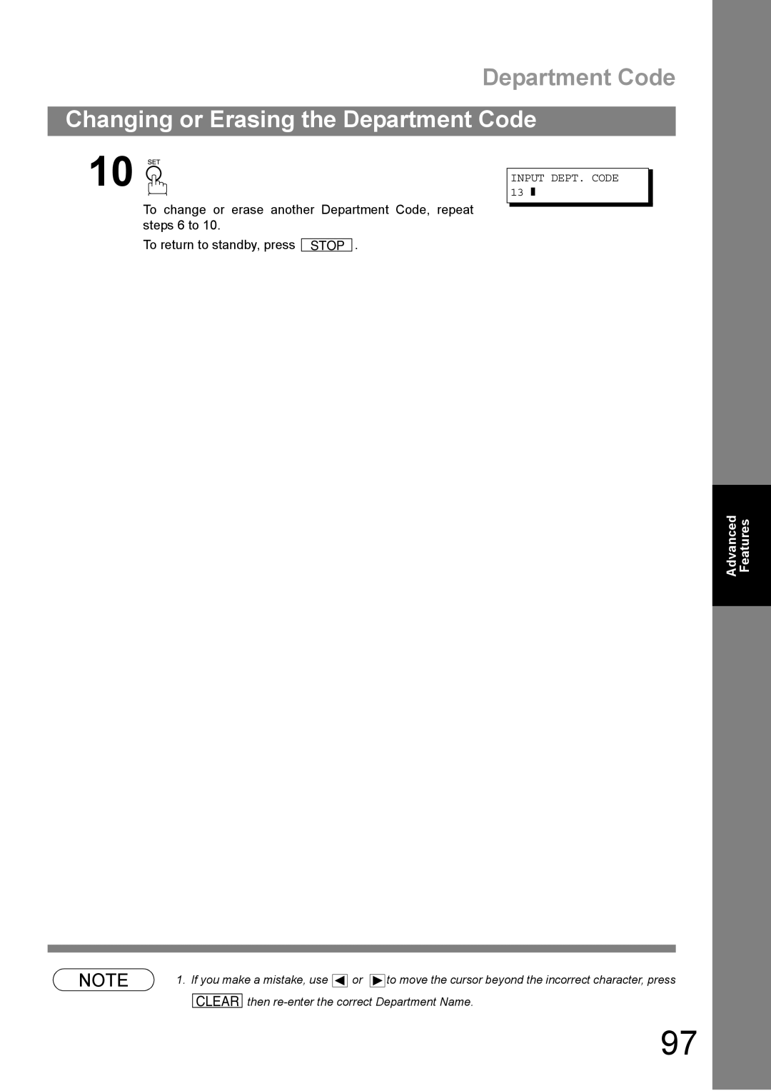 Panasonic DP-1810F manual Changing or Erasing the Department Code 