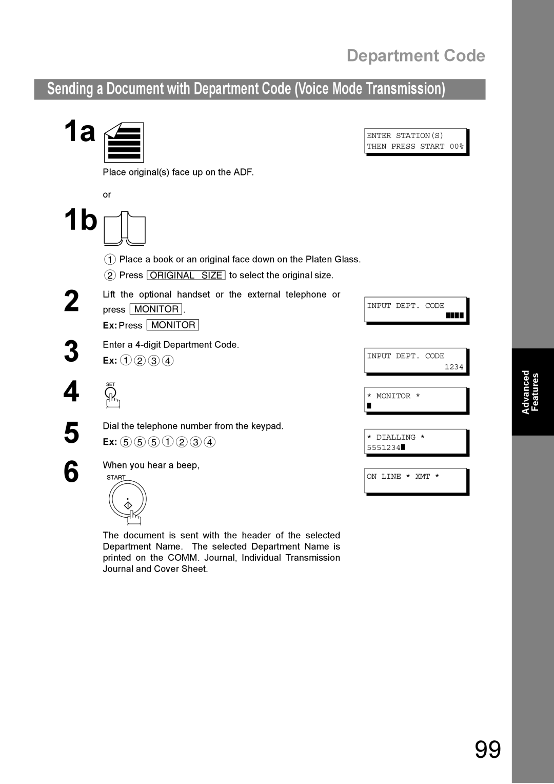 Panasonic DP-1810F manual Enter Stations then Press Start 00% Input DEPT. Code, Input DEPT. Code Monitor 