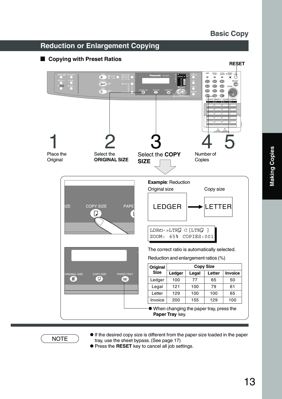 Panasonic DP-1810F manual Basic Copy, Reduction or Enlargement Copying, Copying with Preset Ratios, Size, Making Copies 
