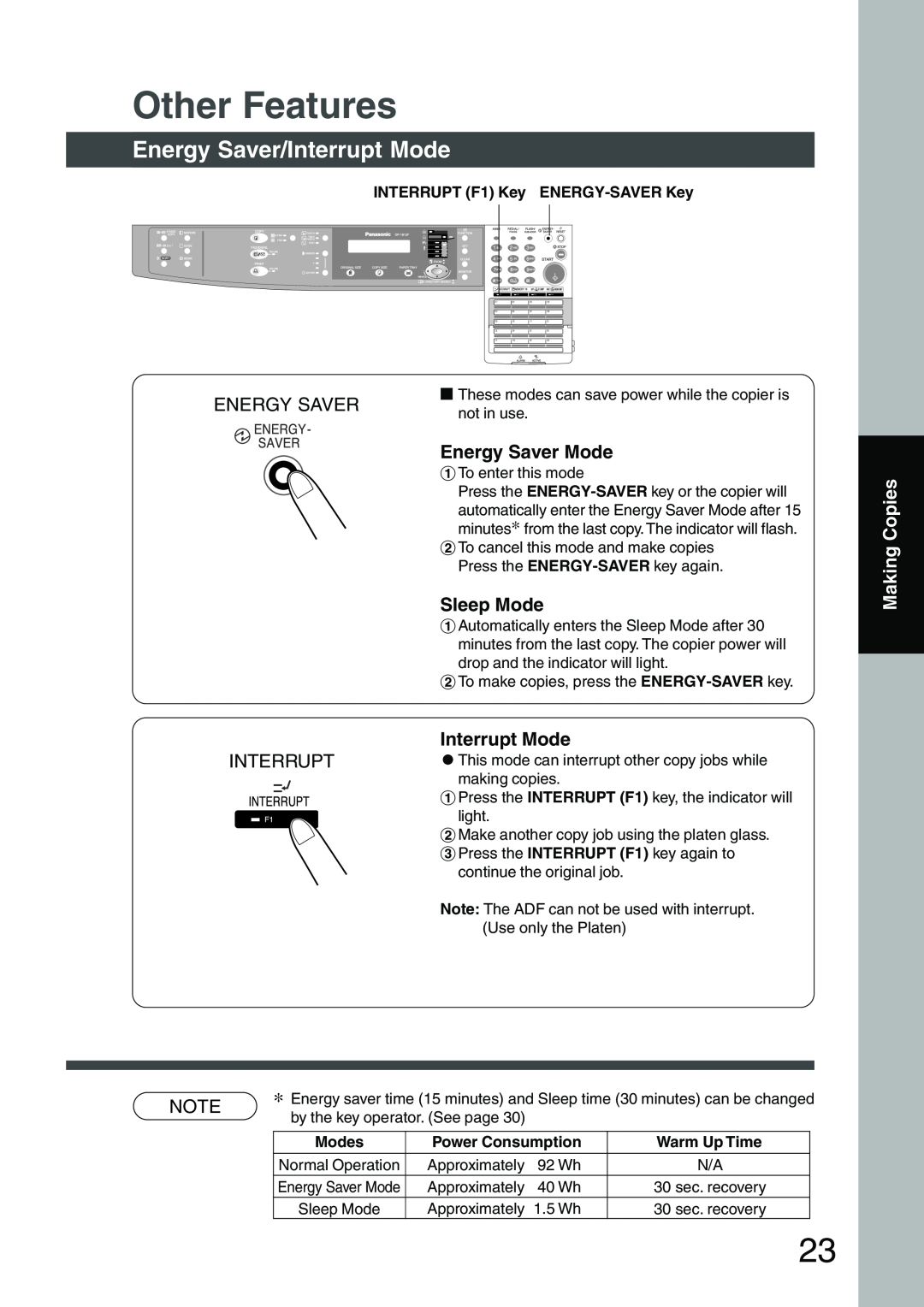 Panasonic DP-1810F manual Other Features, Energy Saver/Interrupt Mode, Energy Saver Mode, Sleep Mode, Making Copies 