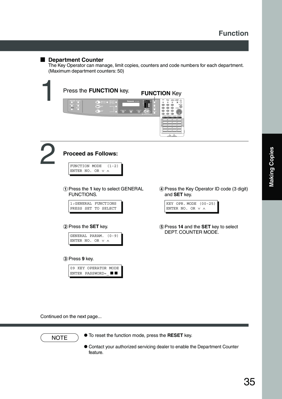 Panasonic DP-1810F manual Department Counter, Function, Proceed as Follows, Making Copies, FUNCTION Key 