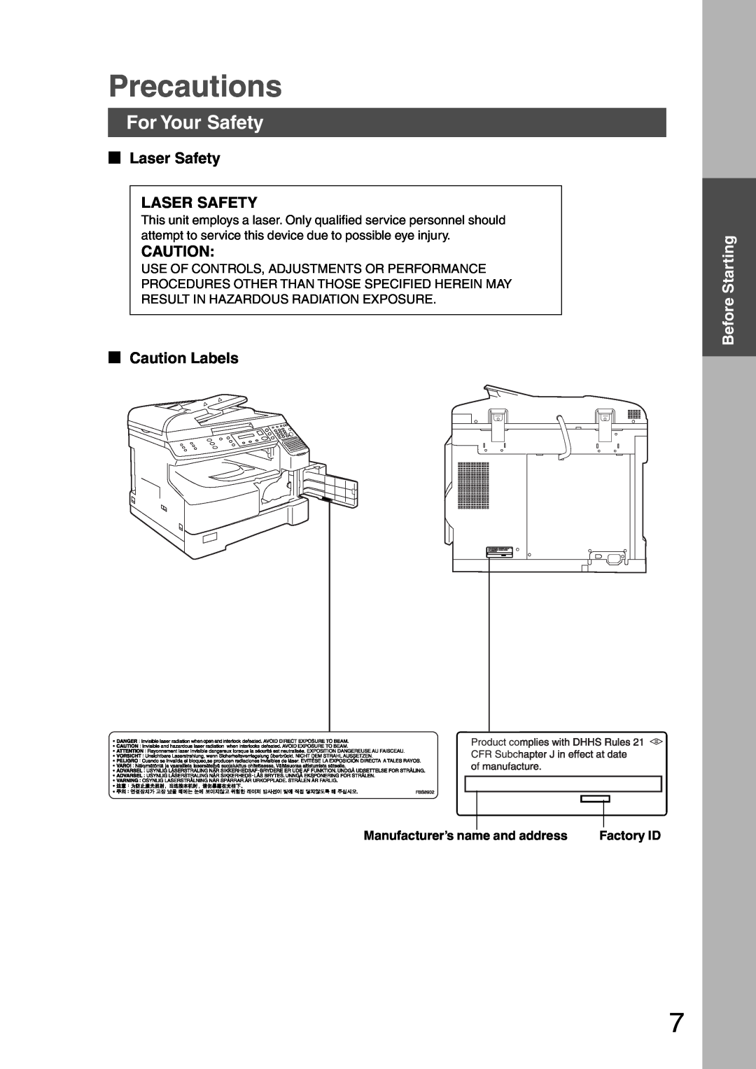 Panasonic DP-1810F manual Precautions, For Your Safety, Laser Safety LASER SAFETY, Caution Labels, Before Starting 
