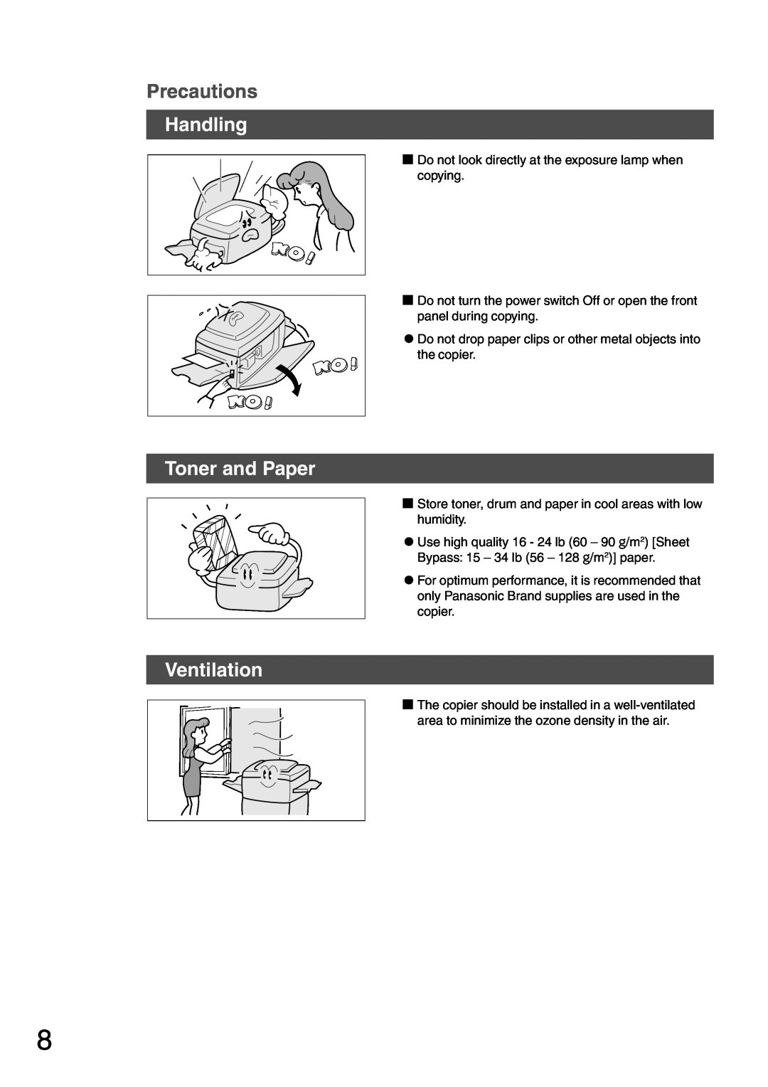 Panasonic DP-1810F manual Precautions, Handling, Toner and Paper Ventilation 